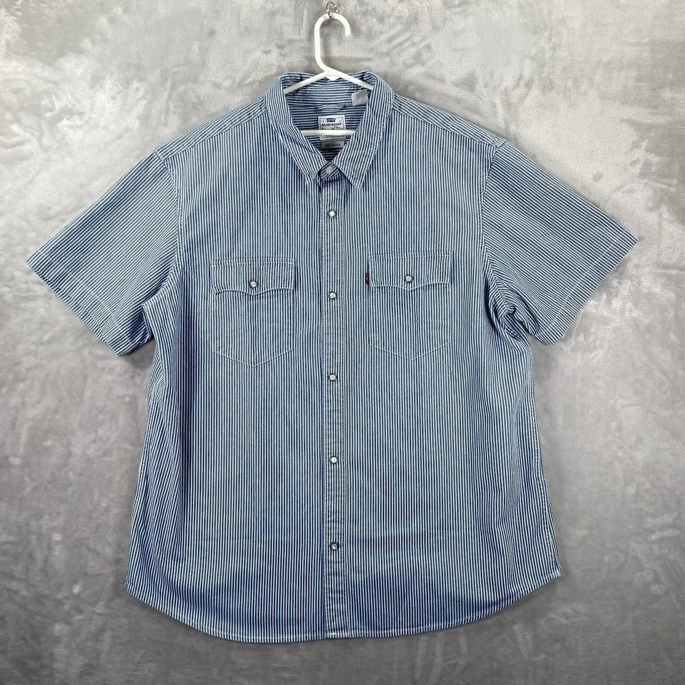 Levi's Western Shirt Mens XL Pearl Snap Relaxed Fit Short Sleeve Striped Cowboy